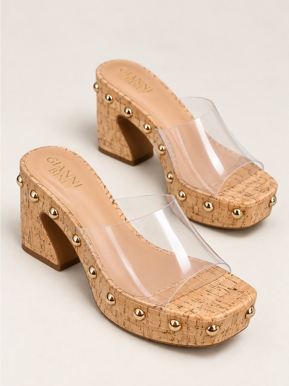 NWT Gianni Bini Abbott Studded Clear Square Toe Cork Platform Slide Sandals